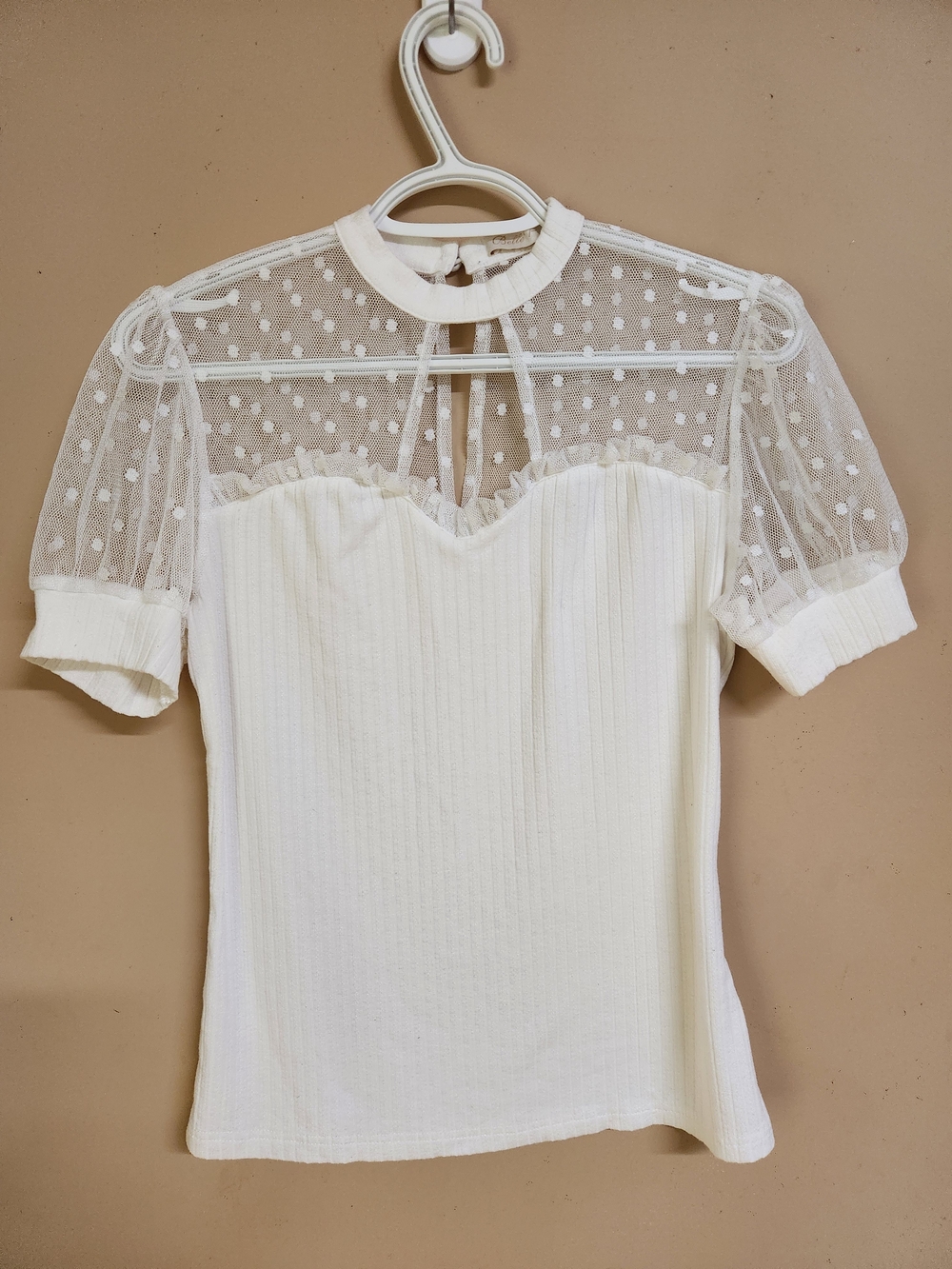 Cream Polka-Dot Mesh Yoke Short Sleeve Top